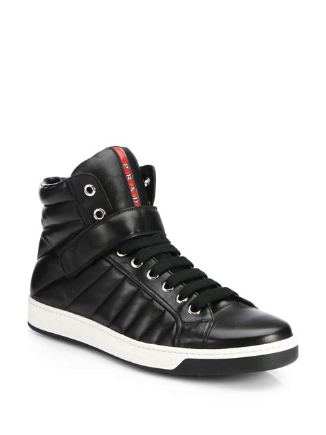 prada black men's leather zip-side high-top sneakers|prada leather slippers.